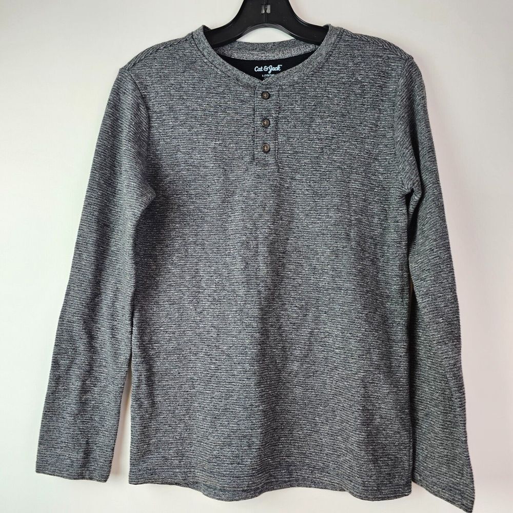 Cat & Jack Boys Size L 12 14 Long Sleeve Henley Shirt Heather Dark Gray Charcoal